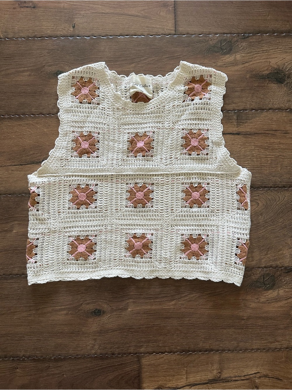 Cream Crochet Tank Crop Top with Pink & Brown Accents